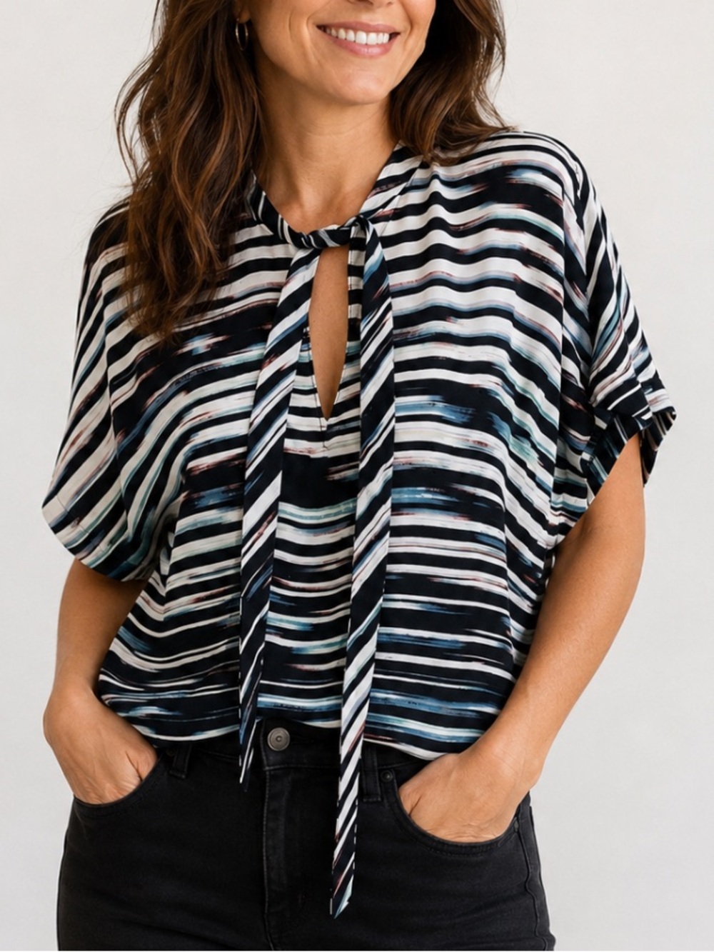 TOWNSEN‎ Striped Tie-Neck Short Sleeve Silk Blend Blouse Women’s Size M